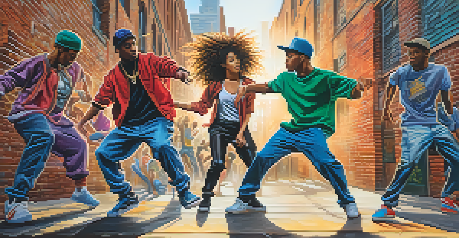 A group of diverse dancers performing energetic hip-hop dance moves in front of a graffiti-covered wall in an urban setting.