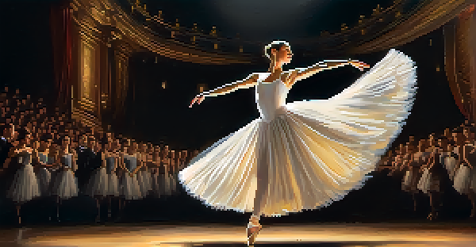 A ballet dancer in a white tutu performing an elegant pose on stage, surrounded by soft lighting and a dimly lit theater background.