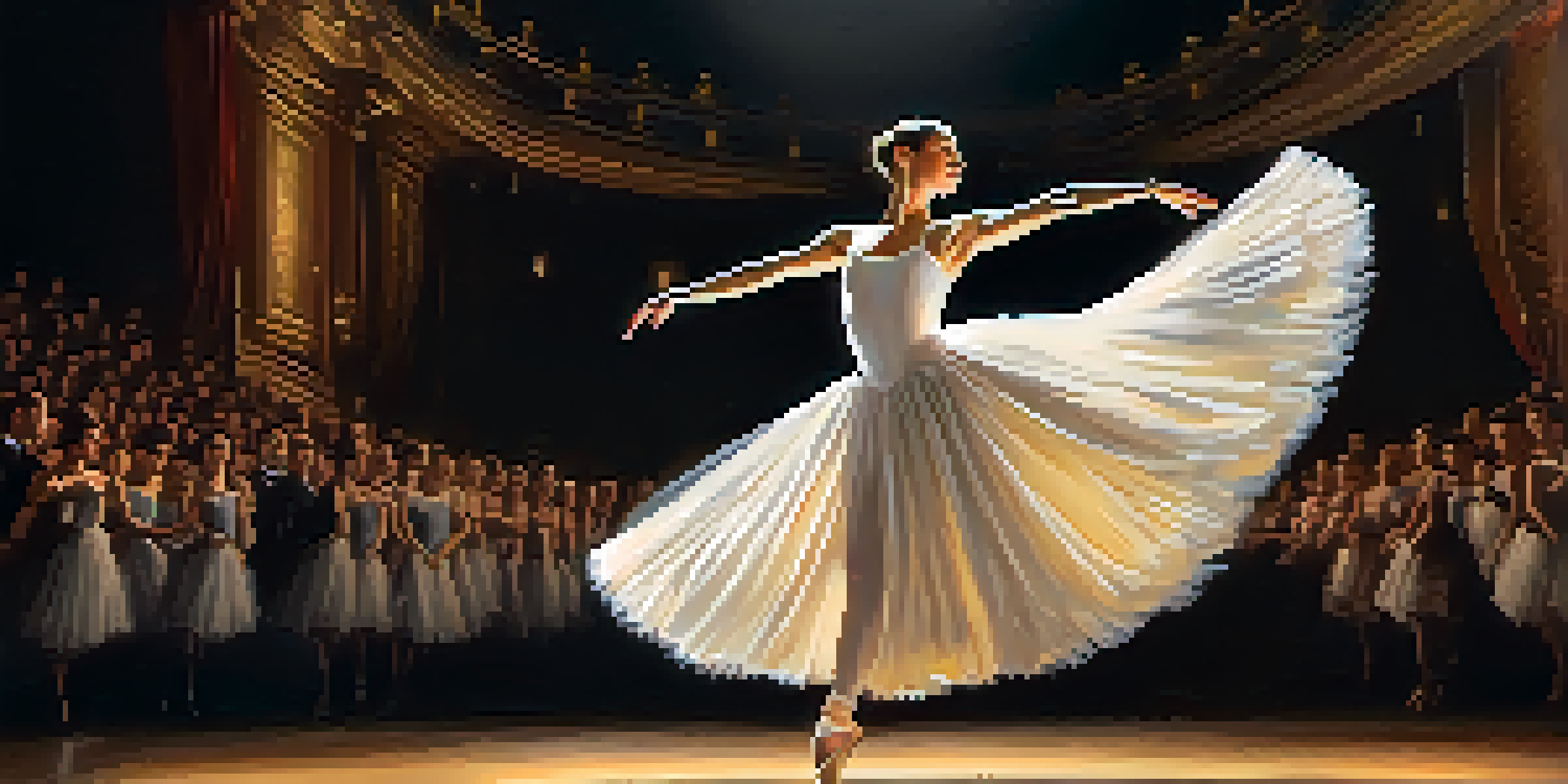 A ballet dancer in a white tutu performing an elegant pose on stage, surrounded by soft lighting and a dimly lit theater background.