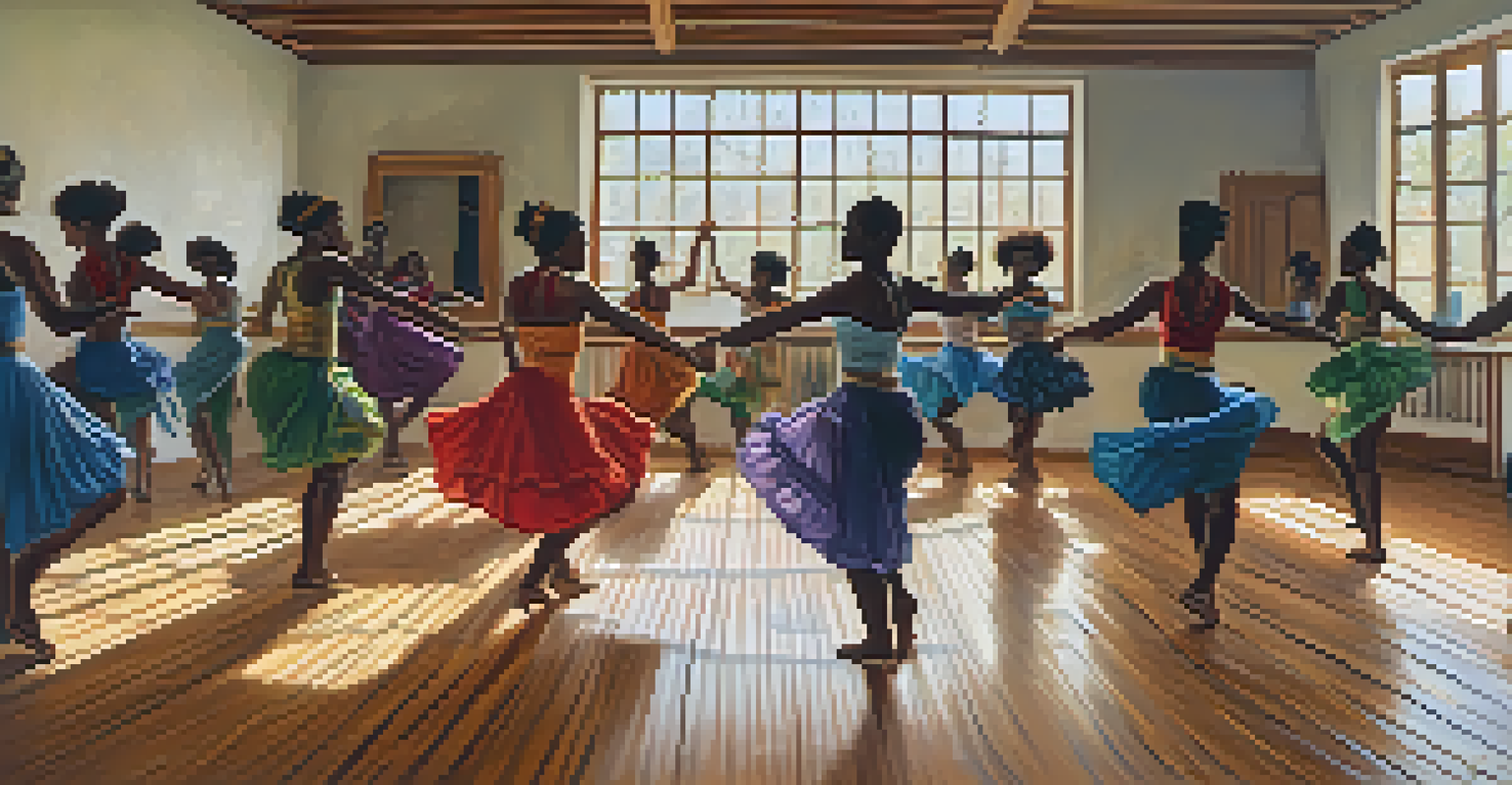 A dance workshop featuring a diverse group of dancers learning African dance, with a bright studio and mirrors.
