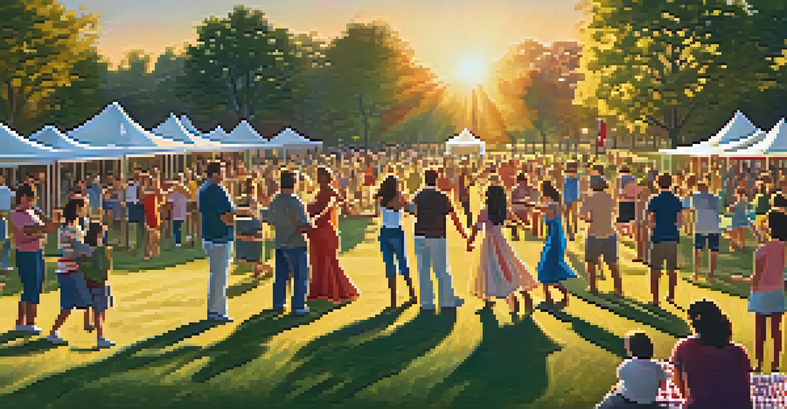 A community dance event in a park during sunset with people of all ages dancing and enjoying the atmosphere.