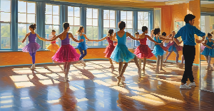 A diverse group of students dancing in a bright classroom with mirrors and wooden floors.