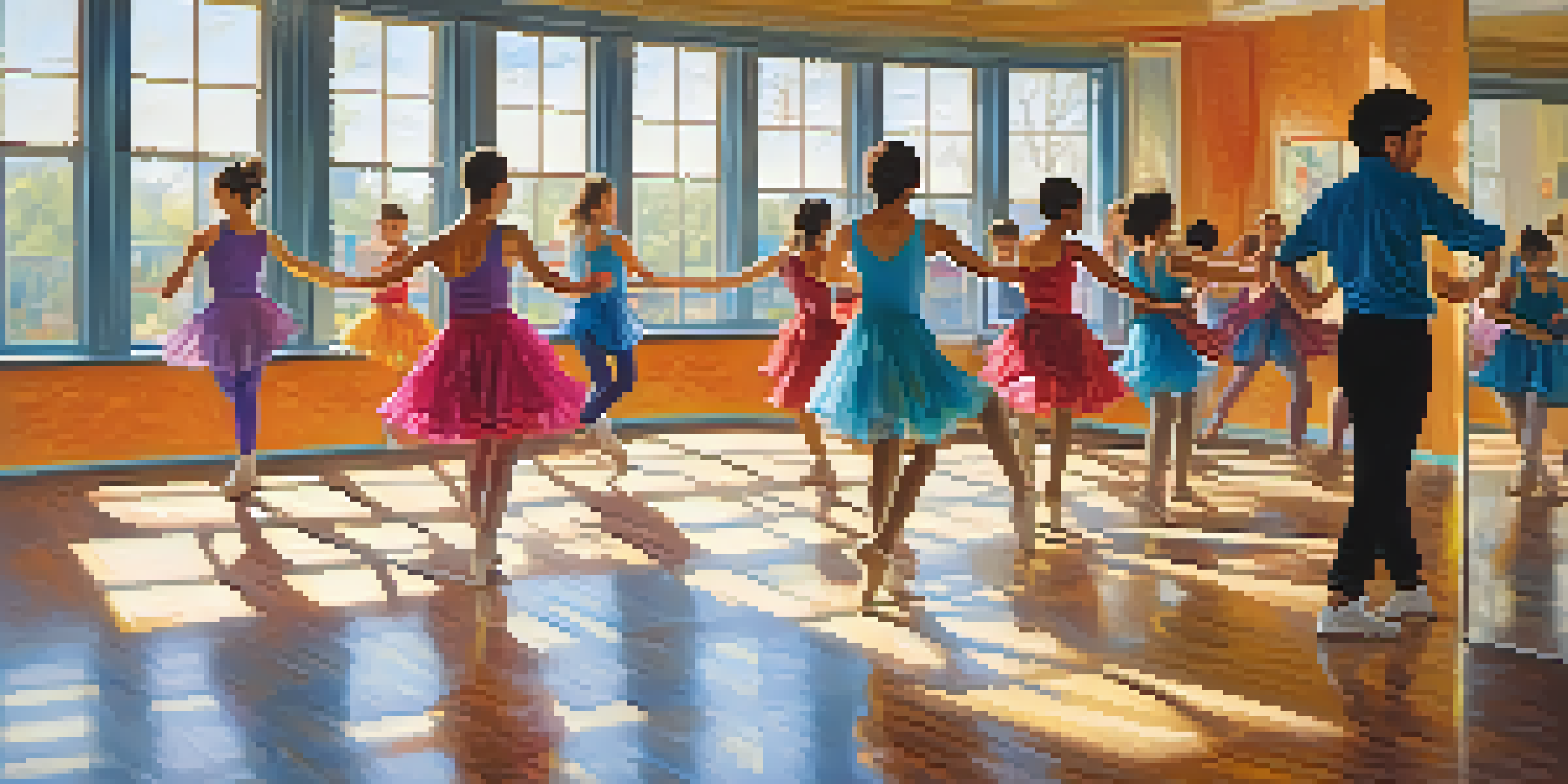 A diverse group of students dancing in a bright classroom with mirrors and wooden floors.