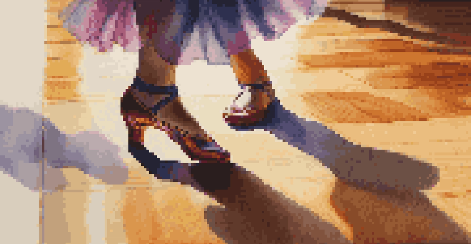 A close-up of a dancer's feet in colorful shoes on a wooden floor, showcasing movement and rhythm.
