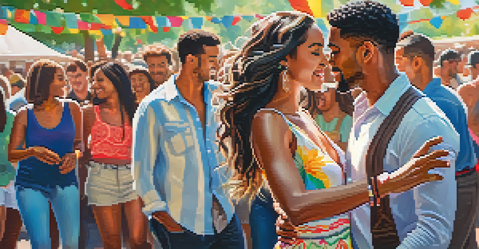 A couple enjoying a Bachata dance at a sunny outdoor festival, with colorful decorations around them.