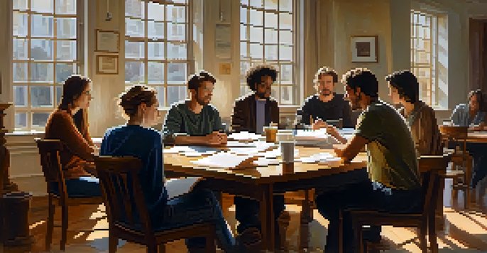 A vibrant scene of actors participating in a table read, showcasing their expressions as they engage with the script.