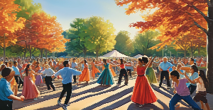 A lively outdoor dance event with people of different ages dancing together in a park, surrounded by trees and colorful decorations.