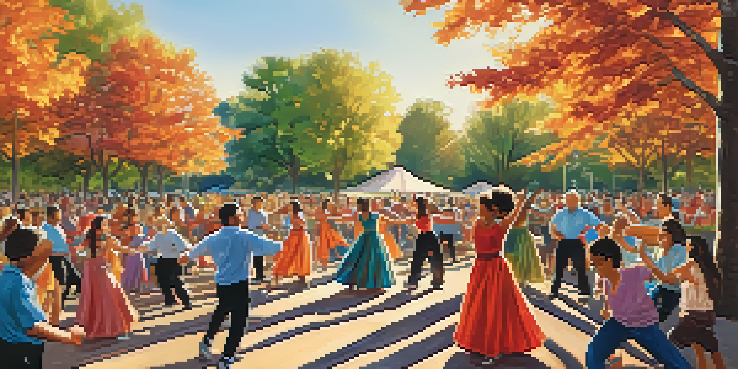 A lively outdoor dance event with people of different ages dancing together in a park, surrounded by trees and colorful decorations.