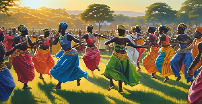 A lively traditional African dance festival with dancers in colorful costumes and musicians playing instruments against a sunset backdrop.