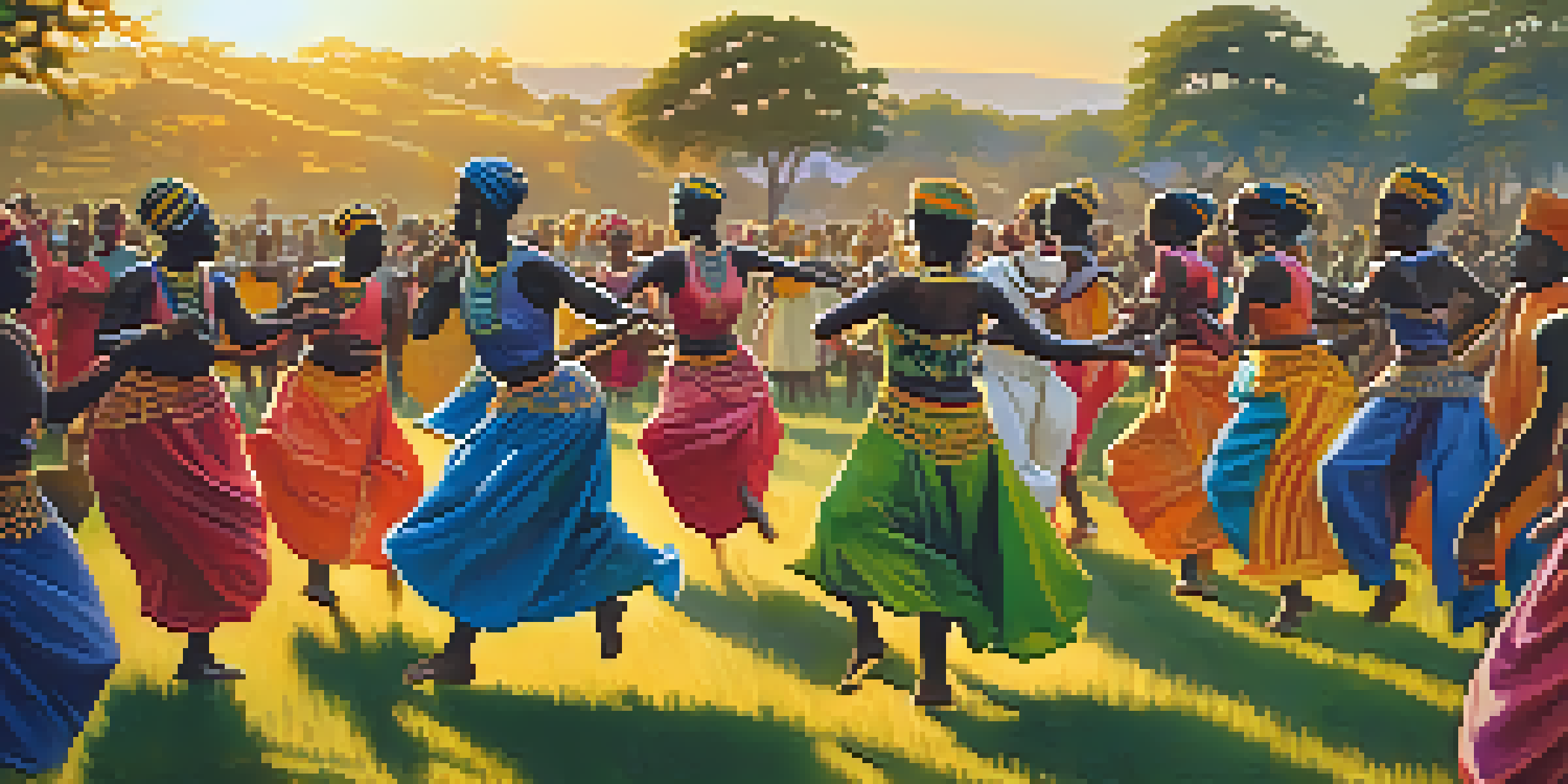A lively traditional African dance festival with dancers in colorful costumes and musicians playing instruments against a sunset backdrop.