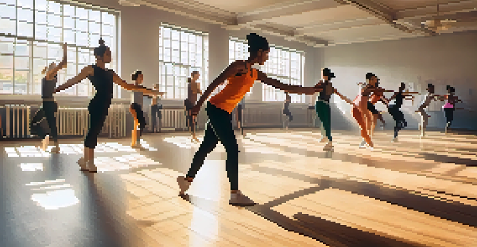 A group of athletes participating in a colorful dance training session in a spacious gym, with sunlight filtering through large windows.