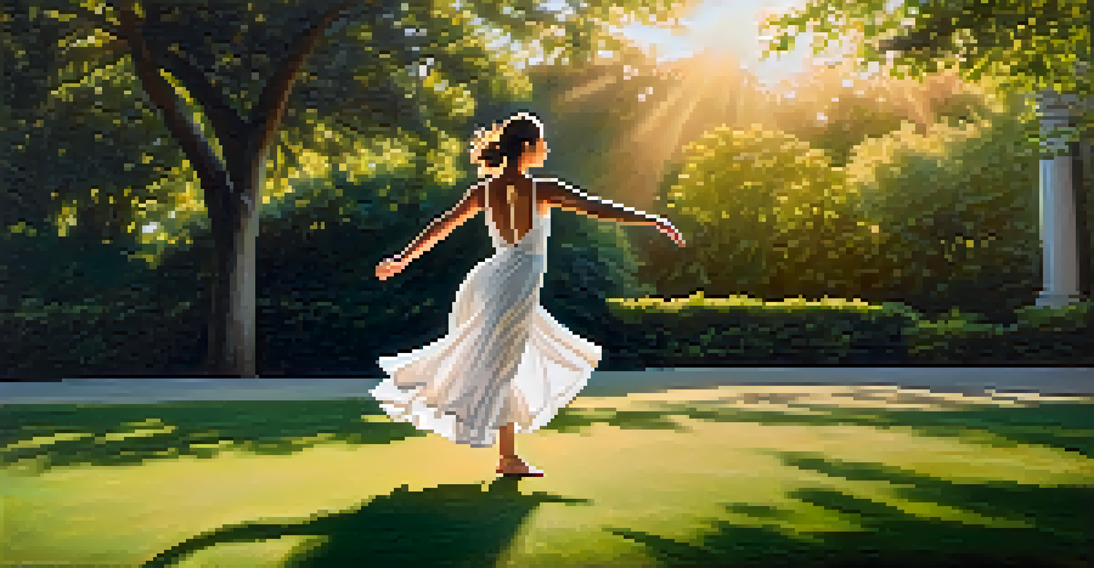 A solo dancer performing gracefully in a peaceful park during sunset, surrounded by nature and bathed in warm light.