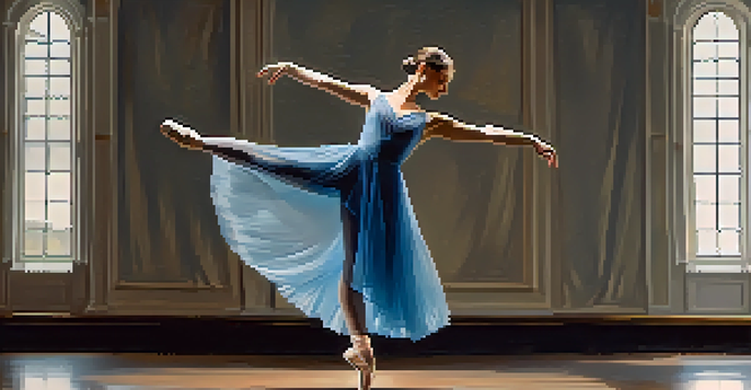 A ballet dancer in a flowing blue dress performing a pirouette under soft lighting, creating a serene atmosphere.