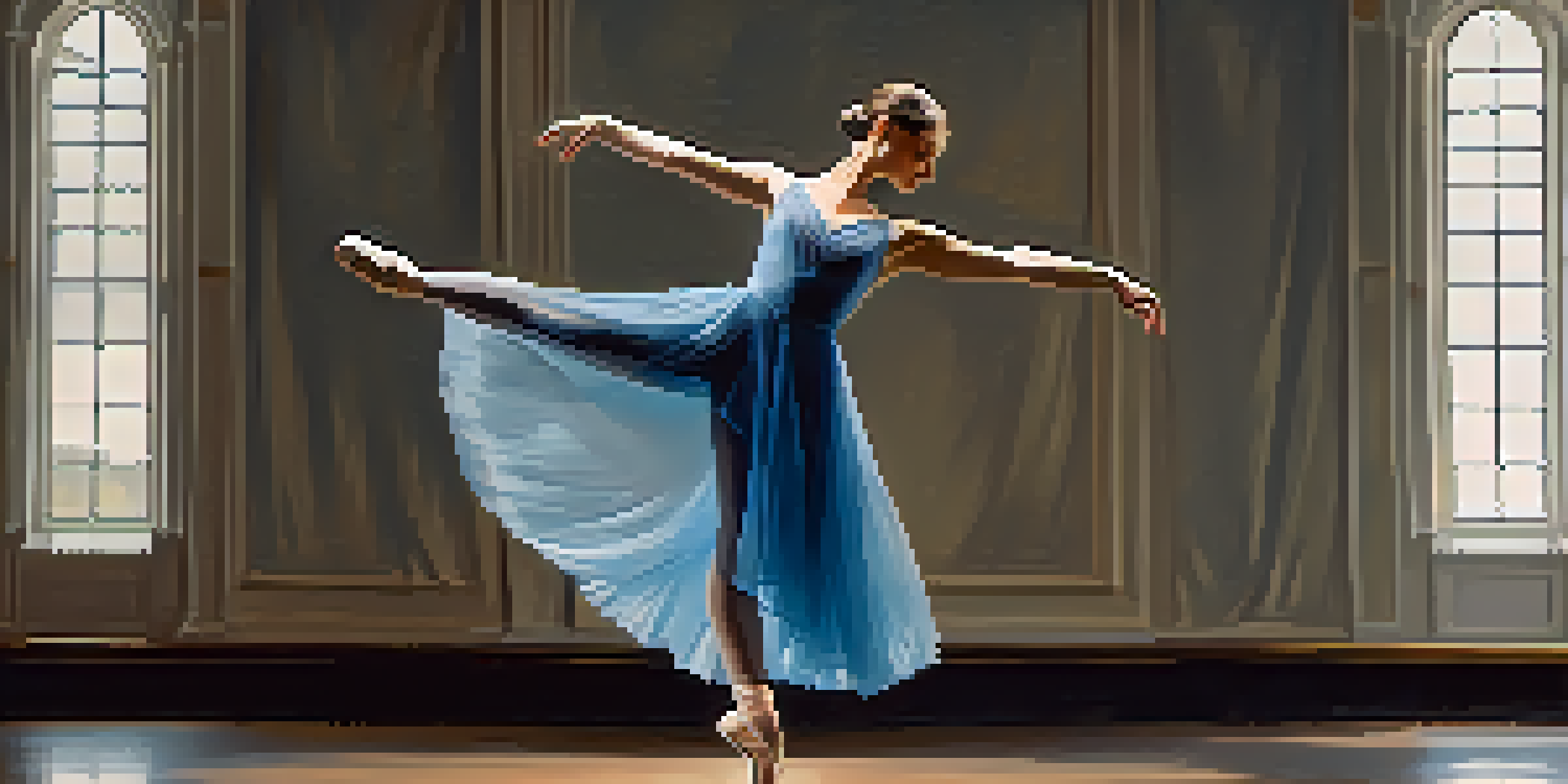 A ballet dancer in a flowing blue dress performing a pirouette under soft lighting, creating a serene atmosphere.