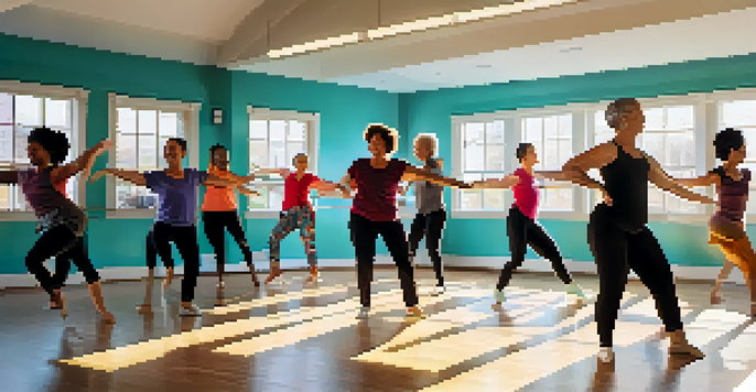 A colorful dance studio with diverse participants happily dancing under natural light, guided by a smiling instructor.