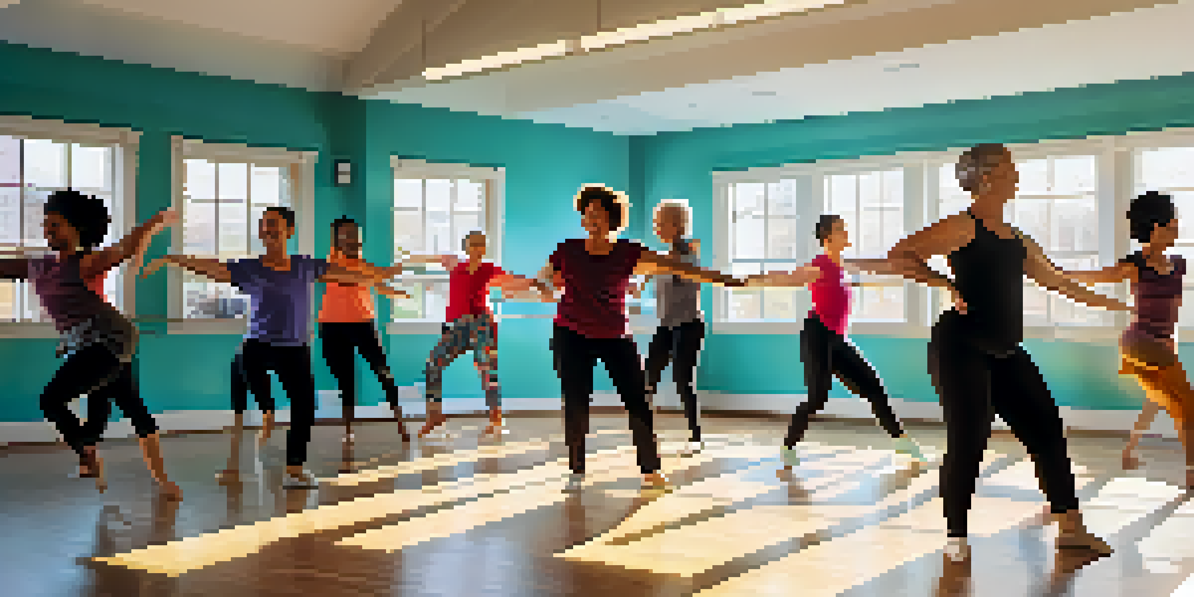 A colorful dance studio with diverse participants happily dancing under natural light, guided by a smiling instructor.