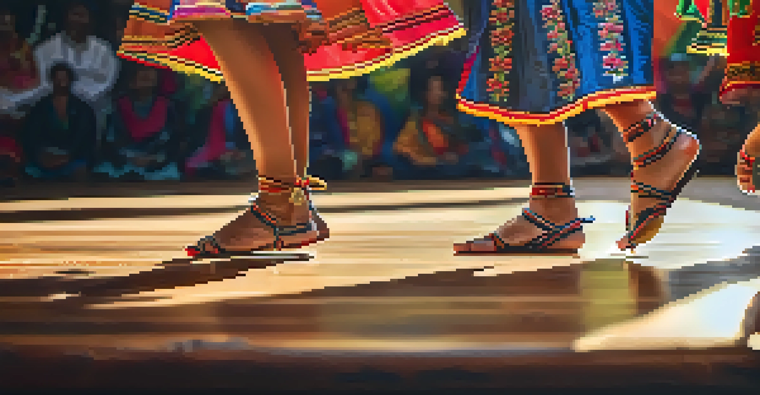 A close-up of students' feet in colorful costumes performing a traditional folk dance on a wooden floor.