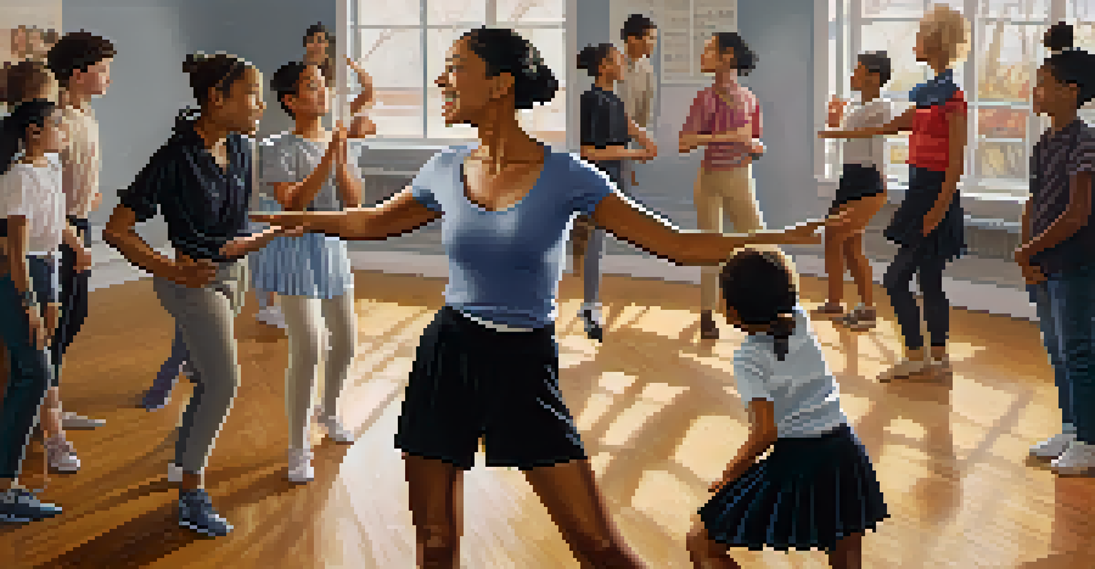 A dance educator demonstrating a move to a diverse group of attentive students in a dance studio.