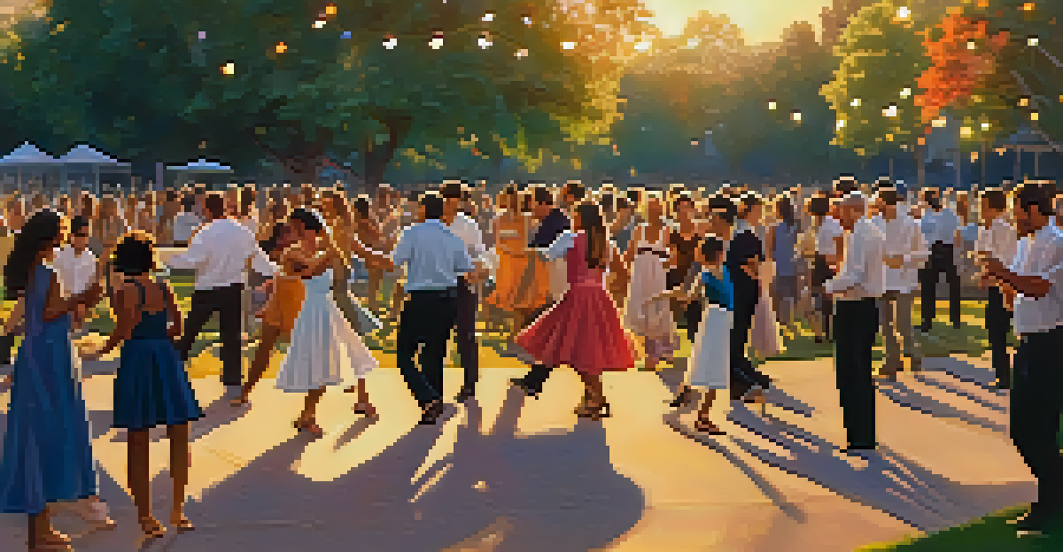 People of various ages dancing together in a park during a beautiful sunset, creating a joyful and communal atmosphere.