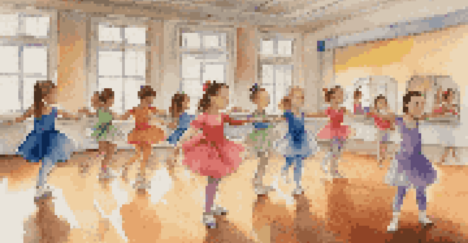 A dance class with children and an instructor in a bright studio, filled with mirrors and colorful costumes, showcasing joyful learning through dance.