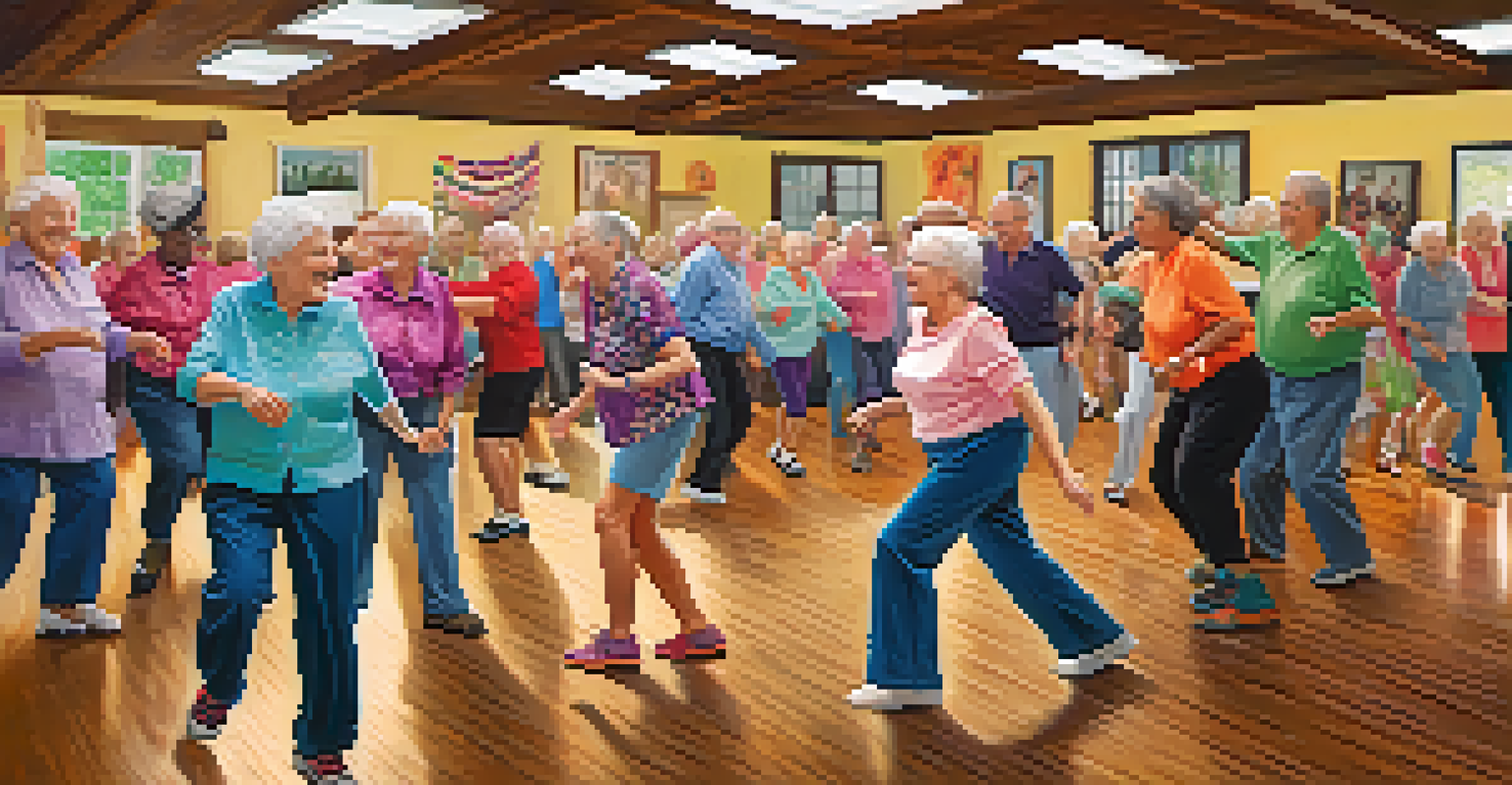A group of older adults in a line dancing class at a community center, filled with laughter and colorful accessories.