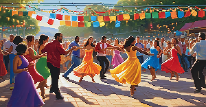 A lively outdoor salsa dance festival with diverse dancers in colorful costumes, musicians in the background, and a warm sunny ambiance.