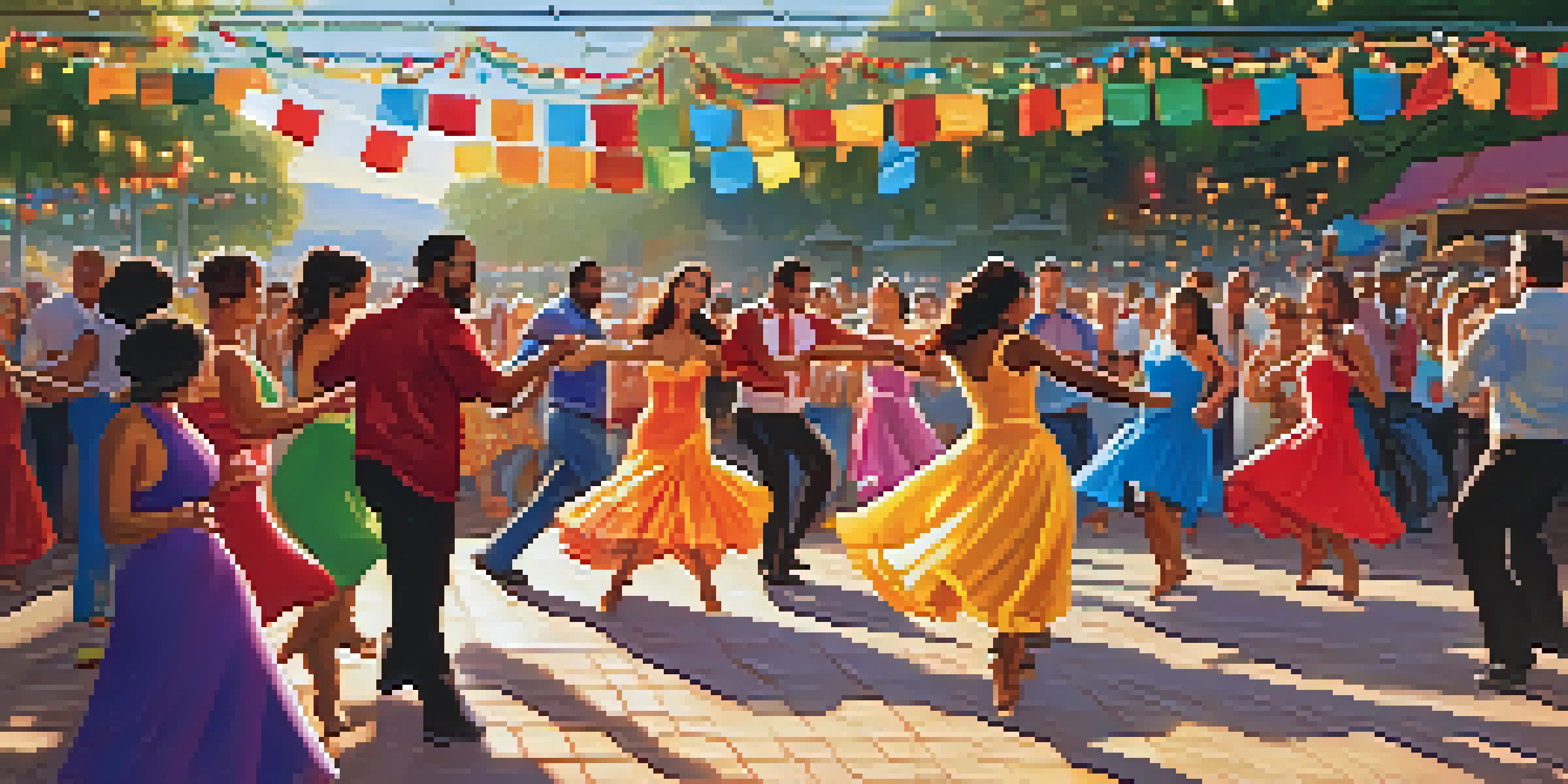 A lively outdoor salsa dance festival with diverse dancers in colorful costumes, musicians in the background, and a warm sunny ambiance.