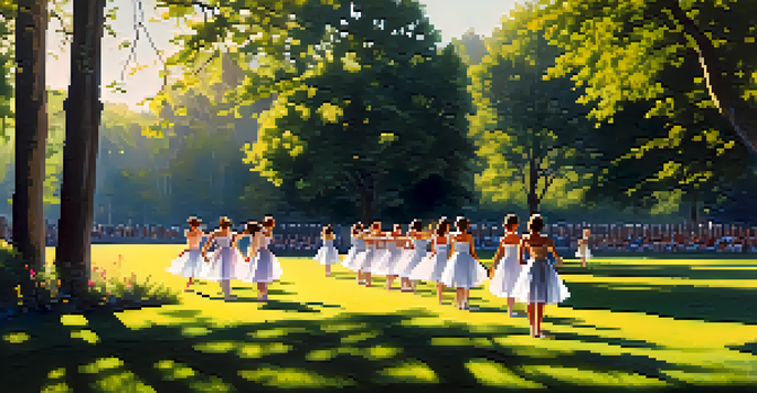 Dancers practicing ballet outdoors in a park, with sunlight filtering through trees, creating a vibrant and lively atmosphere.