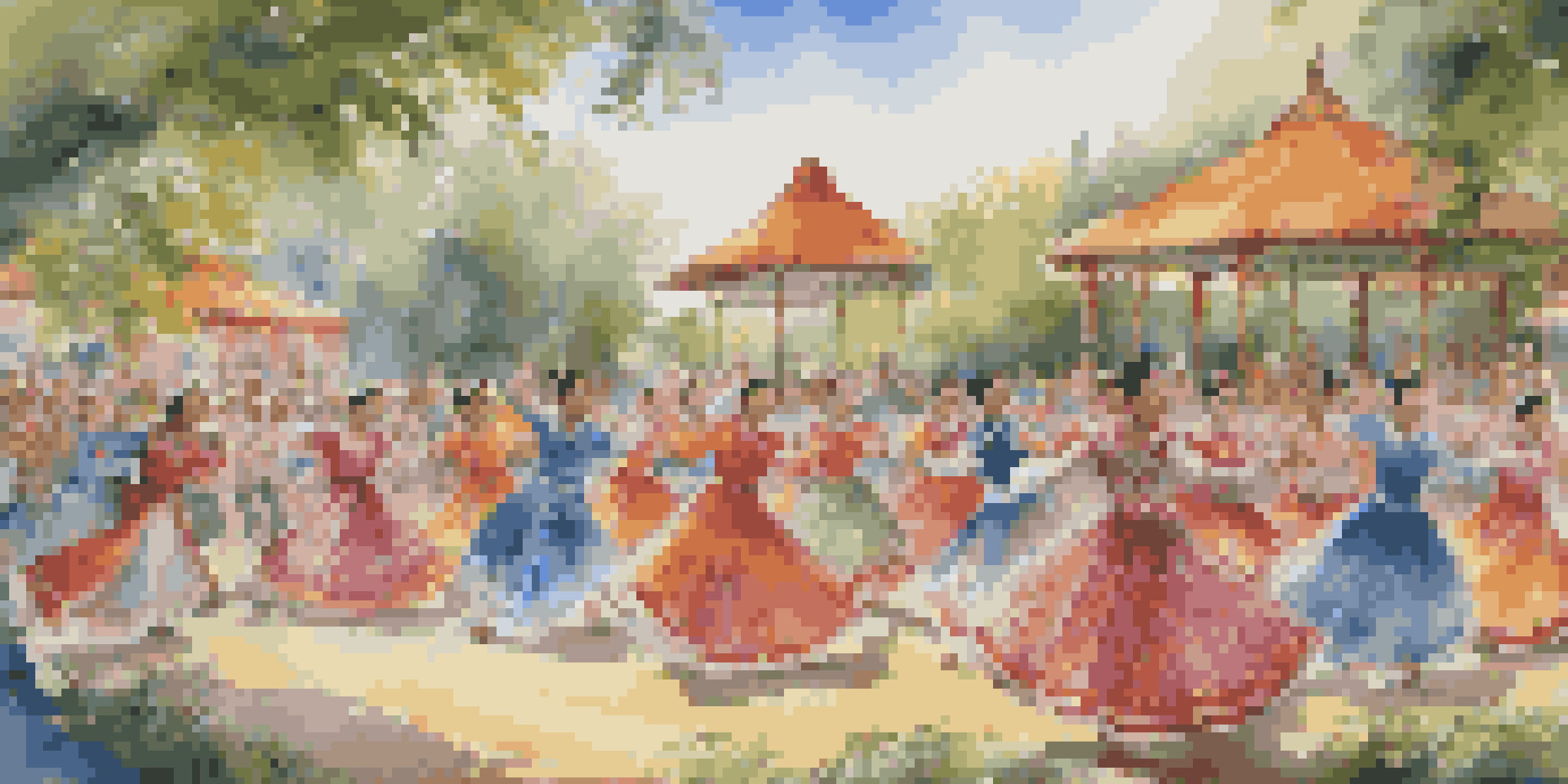 A lively outdoor folk dance performance with dancers in traditional costumes and a colorful audience in the background.