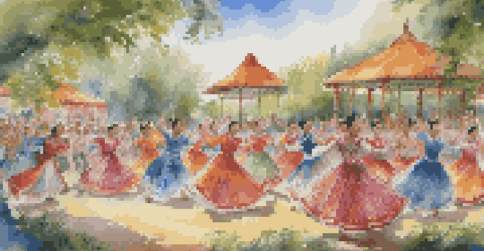 A lively outdoor folk dance performance with dancers in traditional costumes and a colorful audience in the background.