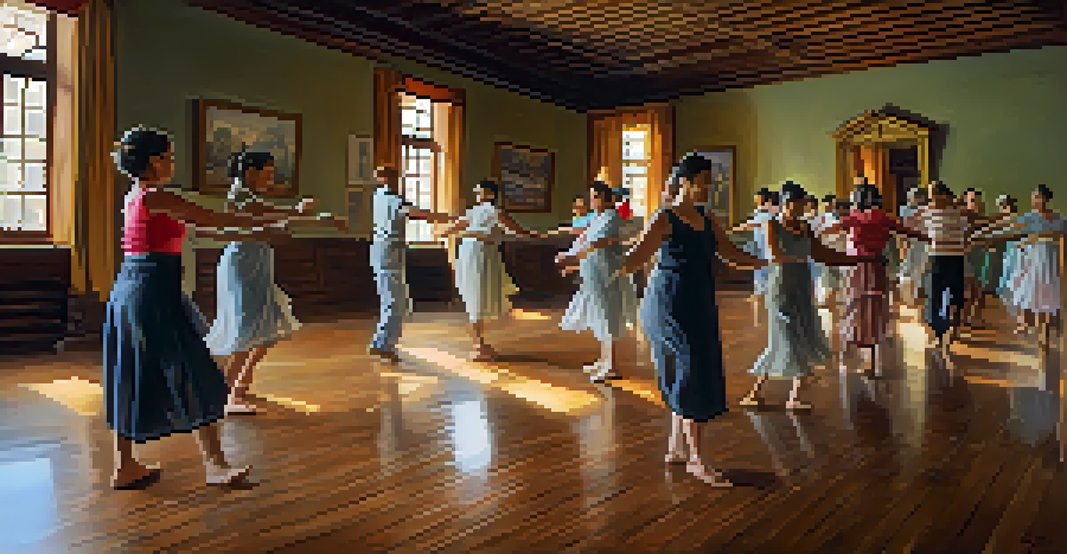 A warm dance workshop with a local instructor teaching tourists traditional dance moves in a cozy room.