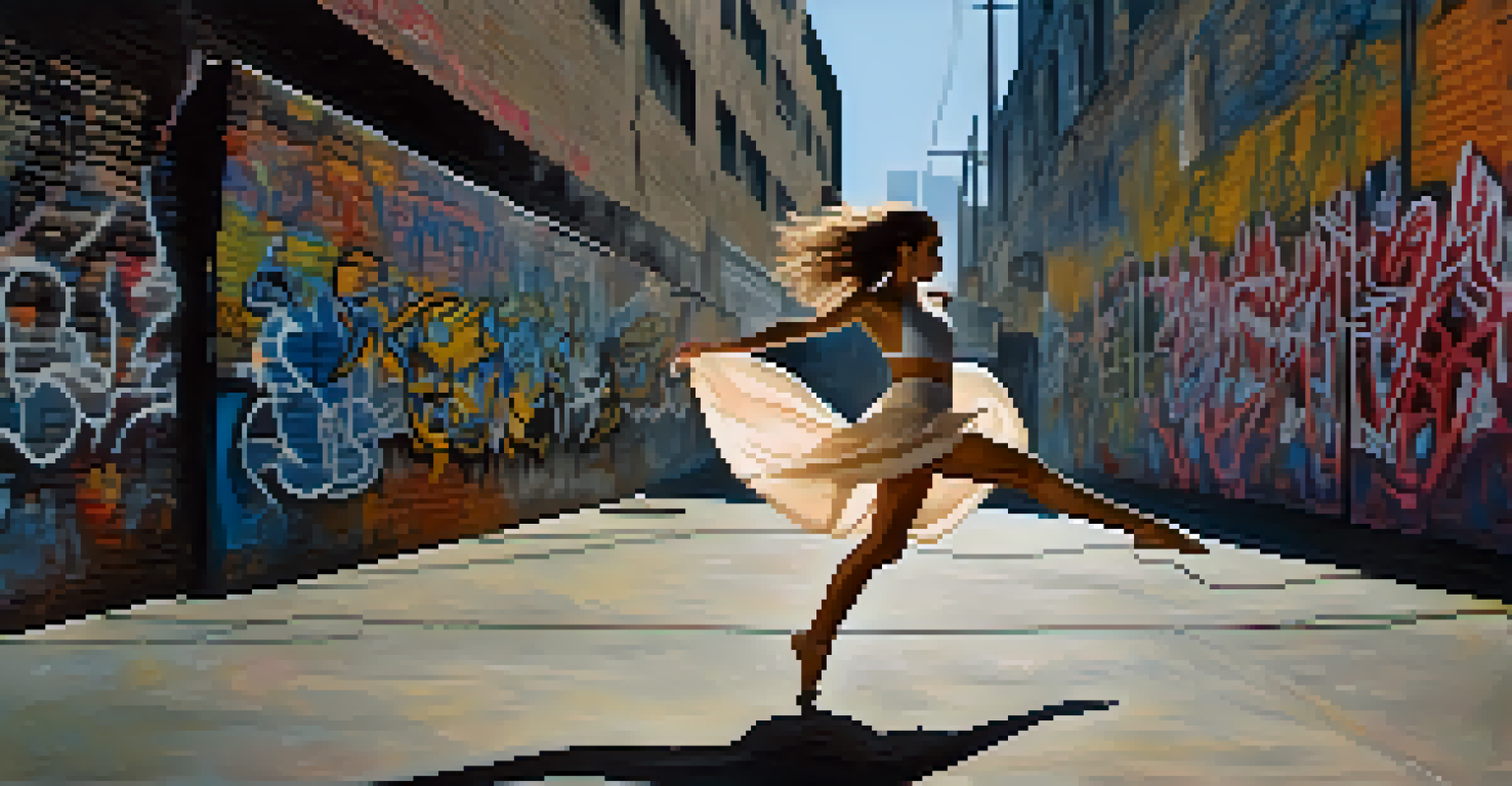 A contemporary dancer performing against a graffiti wall in an urban area, with dramatic lighting emphasizing the movement.