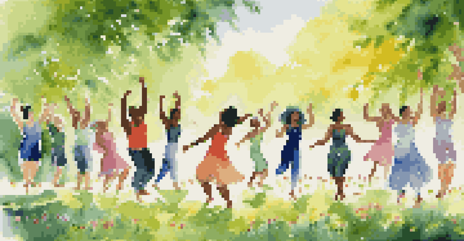 A group of people dancing joyfully in a green park, surrounded by nature and sunlight.