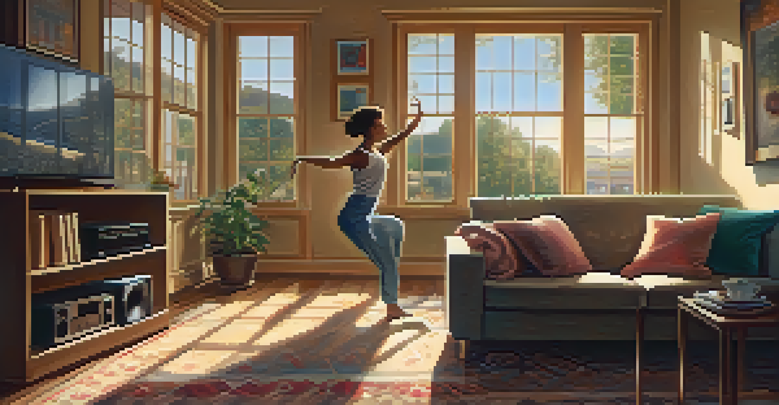 A young woman dancing joyfully in her cozy living room, surrounded by soft furnishings and warm lighting.