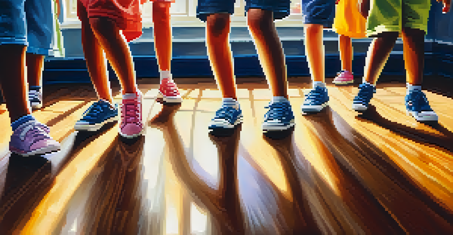 Close-up of children's colorful sneakers dancing in sync on a wooden floor, emphasizing rhythm and energy.