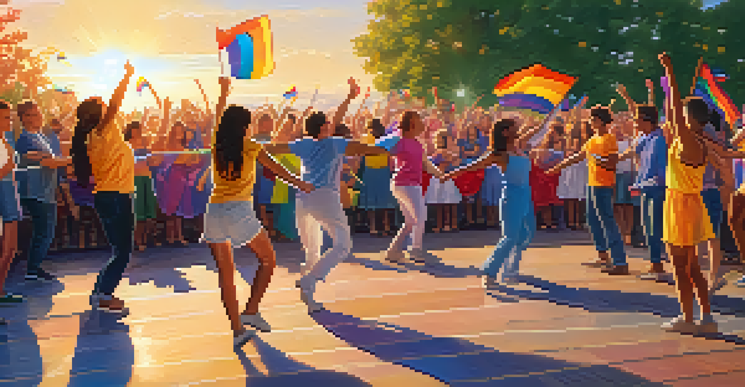 An outdoor stage where LGBTQ+ youth are performing a dance, surrounded by an enthusiastic audience and decorated with rainbow flags.