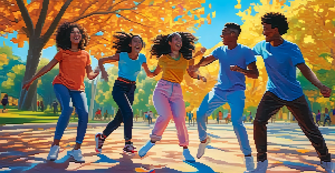 A diverse group of young adults dancing joyfully in a park, surrounded by colorful trees and a bright blue sky, showcasing the spirit of a TikTok dance challenge.