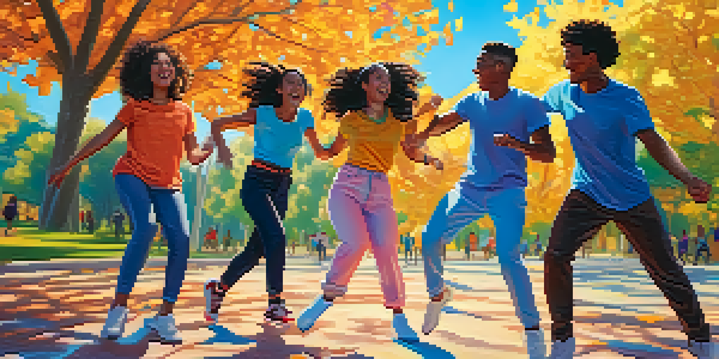 A diverse group of young adults dancing joyfully in a park, surrounded by colorful trees and a bright blue sky, showcasing the spirit of a TikTok dance challenge.