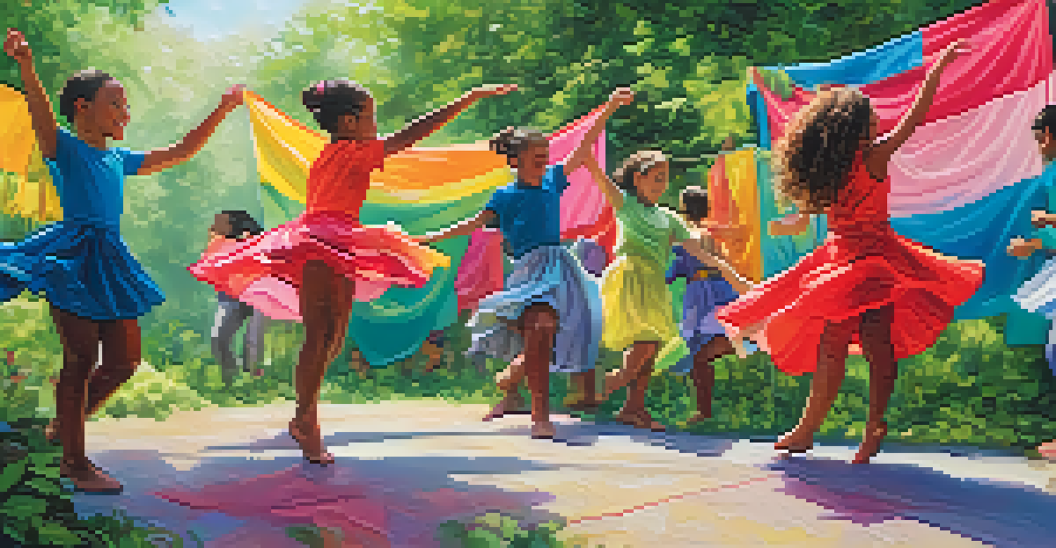 A diverse group of participants joyfully dancing outdoors, surrounded by greenery and colorful recycled banners, promoting community and environmental awareness.