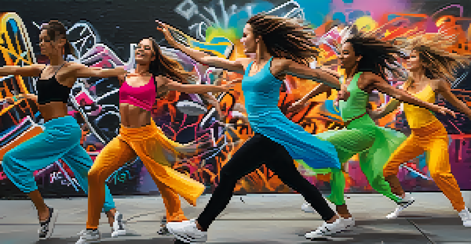 A group of dancers performing a contemporary piece against a colorful graffiti backdrop in an urban setting.