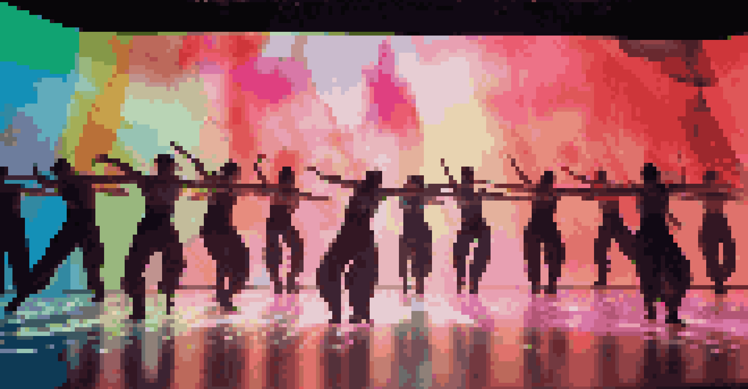 Dancers performing with colorful projection mapping in the background at a modern theater.