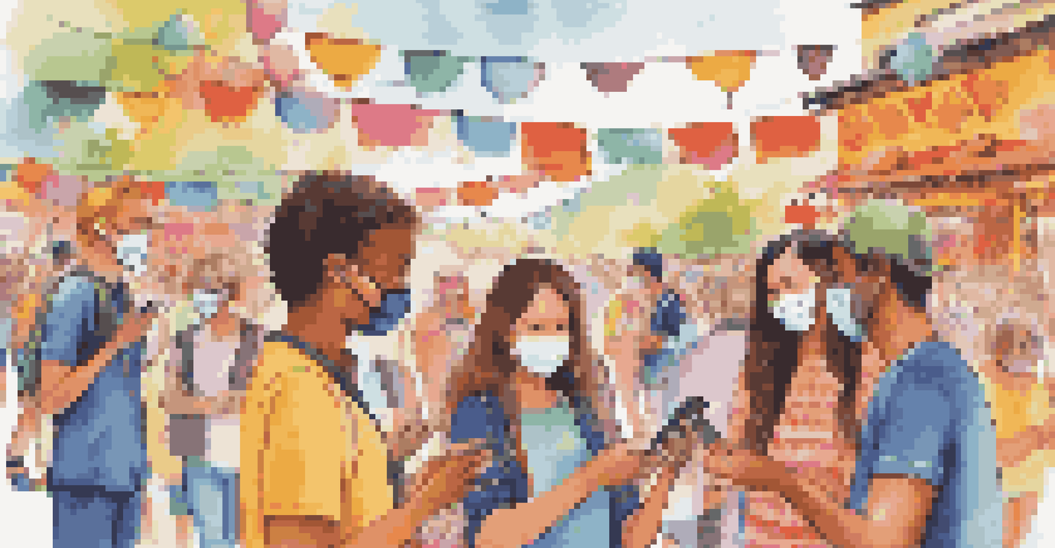 Festival attendees using mobile devices for ticketing and transactions at a vibrant festival entrance, emphasizing health and safety.