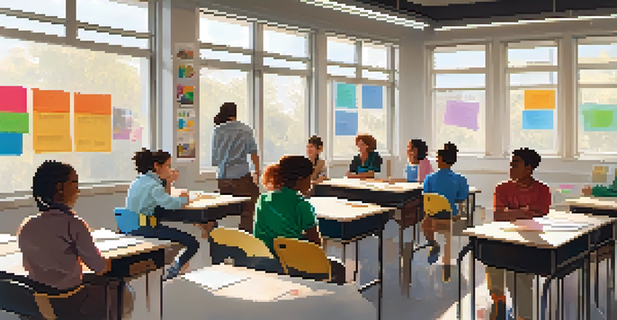 A classroom scene showing students engaged in a feedback session, with a peer presenting at the front and motivational posters on the walls.