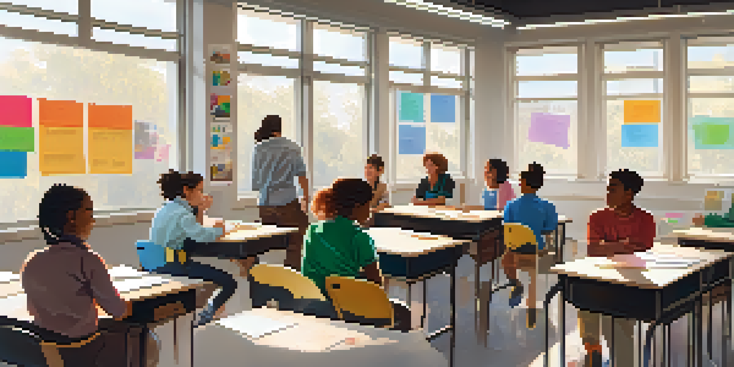 A classroom scene showing students engaged in a feedback session, with a peer presenting at the front and motivational posters on the walls.