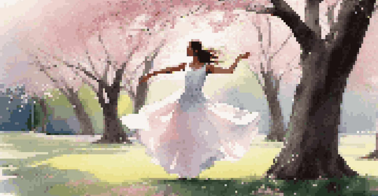 A woman dancing gracefully under cherry blossom trees, surrounded by falling petals in a serene outdoor setting.