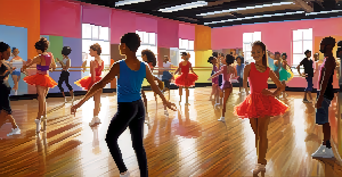 A dance studio with diverse individuals practicing different dance styles, reflecting a lively and creative atmosphere.