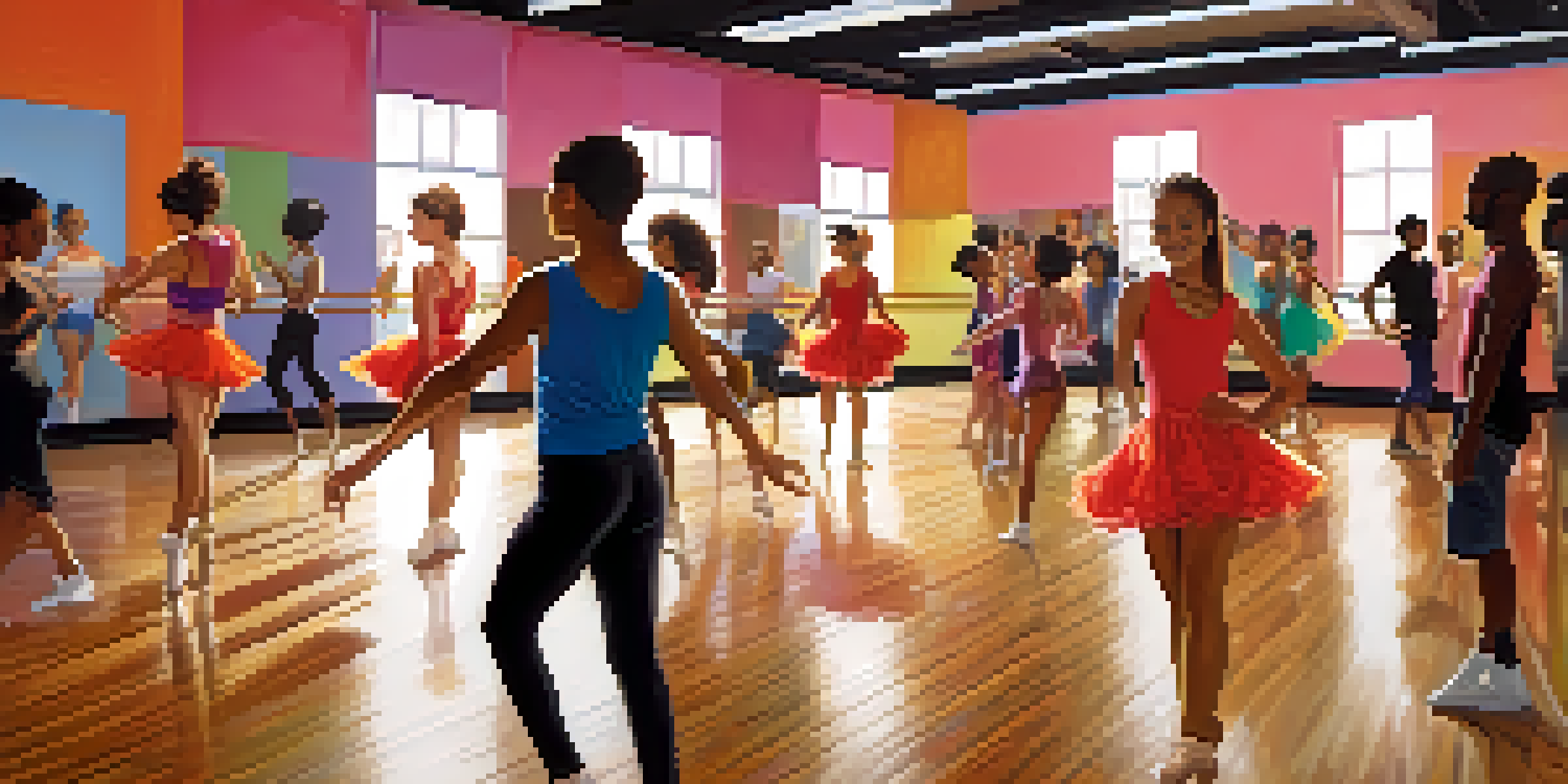 A dance studio with diverse individuals practicing different dance styles, reflecting a lively and creative atmosphere.