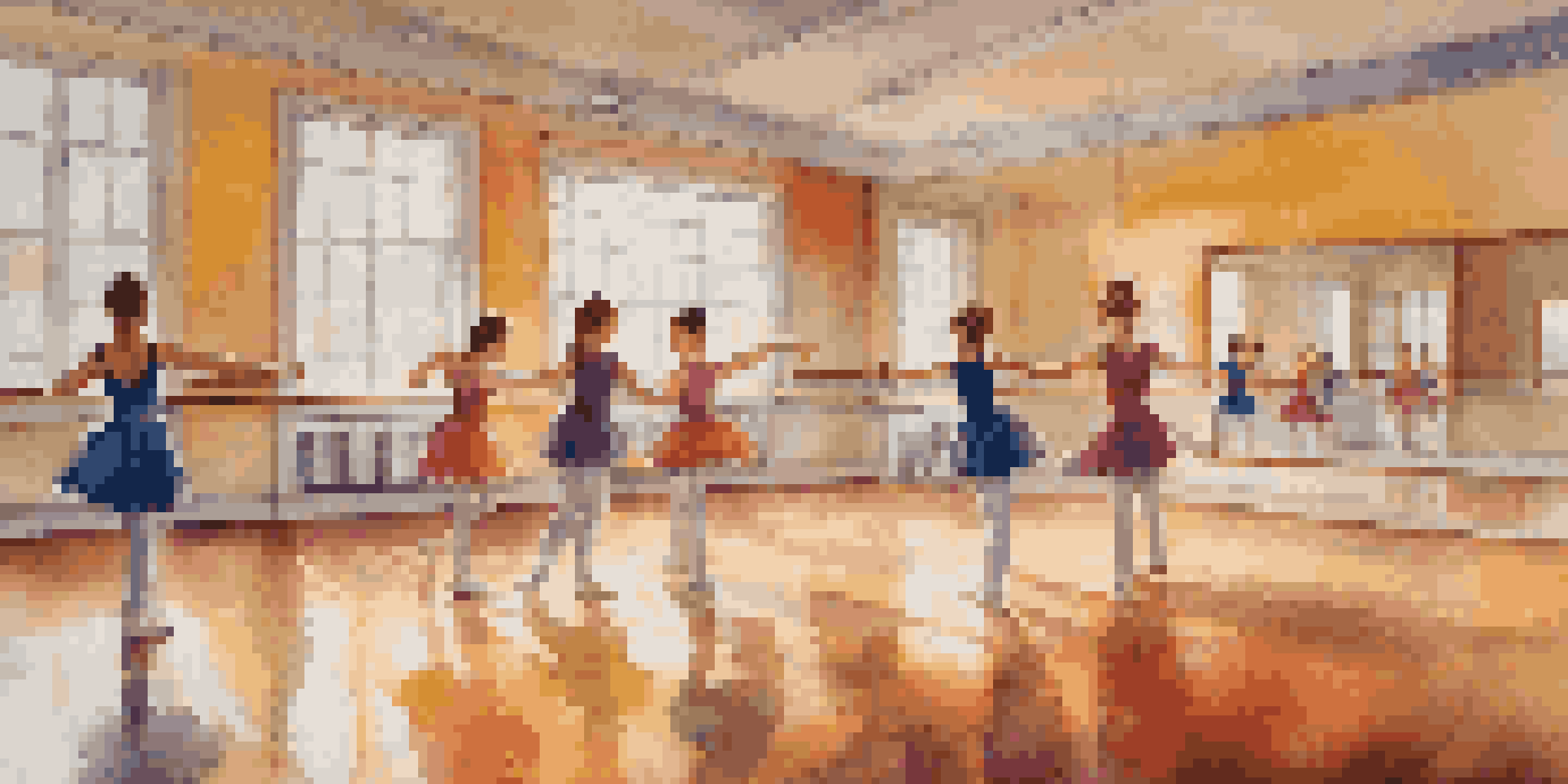 A bright dance studio with young dancers practicing together, surrounded by mirrors and colorful mats, showcasing teamwork and joy.