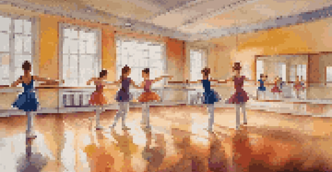 A bright dance studio with young dancers practicing together, surrounded by mirrors and colorful mats, showcasing teamwork and joy.