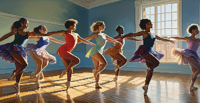 A group of diverse dancers in a bright studio, each showcasing different body types and dance styles while moving joyfully.